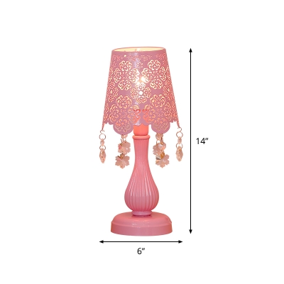 1 Head Etched Floral Night Light Pastoral Pink Iron Table Lamp with Snowflake Drape