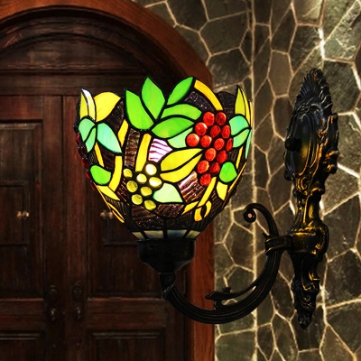 1 Head Grapevine Sconce Light Tiffany Green/Red Stained Glass Wall Mount Lighting Fixture
