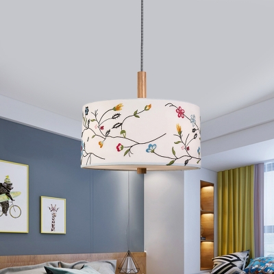 1 Light Drop Pendant Country Bedroom Petal Pattern Hanging Ceiling Light with Round Fabric Shade in White