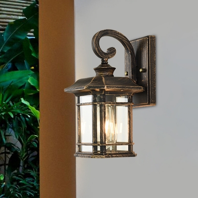 1 Light Scrolled Arm Surface Wall Sconce Classic Black/Bronze Metallic Wall Mount Lamp with Clear Water Glass Shade