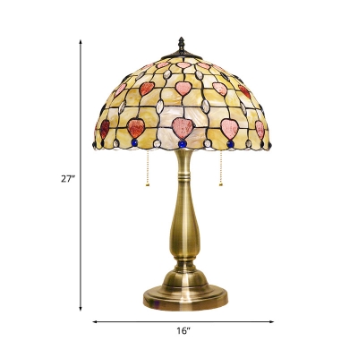 2 Heads Lattice Bowl Nightstand Light Baroque Gold Shell Heart Patterned Desk Lighting with Pull Chain