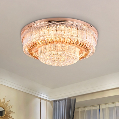 2-Layer Drum Flush Mount Lighting Contemporary Clear Faceted Crystal LED Gold Ceiling Flush