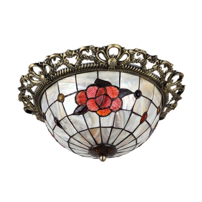 2 Lights Flush Mount Ceiling Lamp Tiffany Rose Patterned Dome Shell Flushmount in Brass