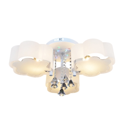 3/5-Light Flower Ceiling Flush Modernist White Glass Flushmount Lighting with Crystal Diamond Drape