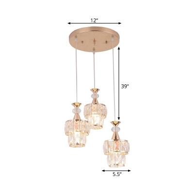 3 Bulbs Dining Room Ceiling Lamp Modernism Gold Multi-Light Pendant with Tiered Round Faceted Crystal Shade
