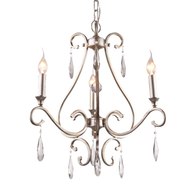 3 Lights Crystal Drop Lamp Rustic Gold Candle Bedroom Chandelier Light Fixture with Scroll Frame