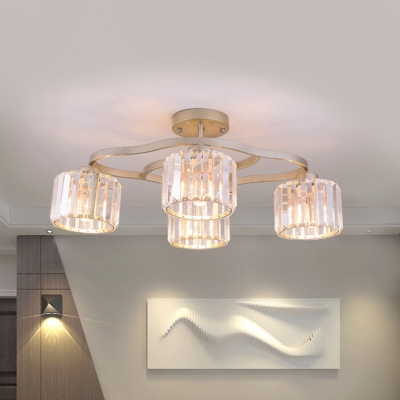 4/6 Bulbs Semi Flush Ceiling Light Modern Cylinder Crystal Block Flush Mount Lamp in Gold