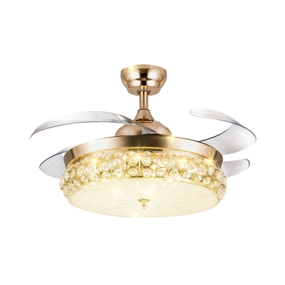 4-Blade Modern Round Pendant Fan Lamp Faceted-Crystal LED Bedroom Semi Flush Lighting in Gold, 19.5