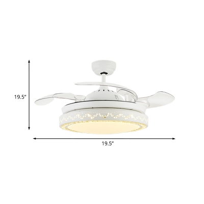 4 Blades White Circular Semi Flush Light Minimal LED Metal Hanging Fan Lamp, 19.5