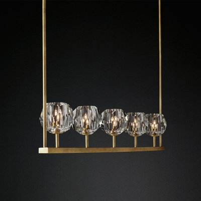 5-Head Faceted Cut Crystal Ball Pendant Postmodern Brass Linear Dining Table Island Lamp