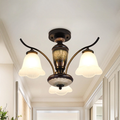 6/8 Heads Chandelier Lamp Country Living Room Ceiling Pendant with Petal Frosted Glass Shade in Black