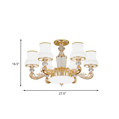 6 Bulbs Semi Flush Mount Chandelier Contemporary Curved White Glass Close to Ceiling Light in Gold