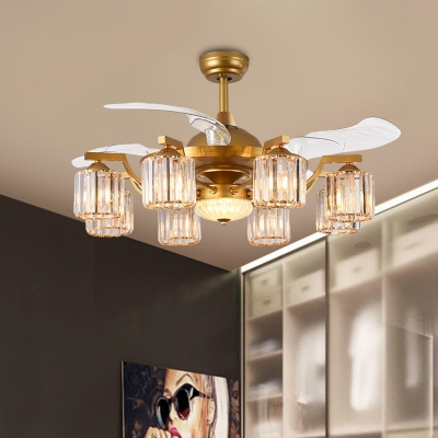 8 Lights Living Room Semi Flush Light Modernist Gold 3-Blade Ceiling Fan Light with Cylinder Crystal Rectangle Shade, 43