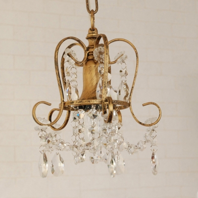 Antique Brass Single Pendulum Light Rustic Crystal Strand Scroll Small Pendant Lamp