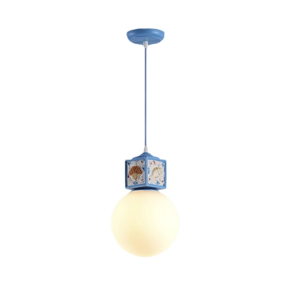 Ball Bedside Pendulum Light Milk Glass Single Mediterranean Pendant Lighting with Cube Top in Water/Sky Blue