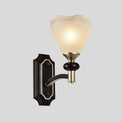 Black 1/2 Heads Wall Lighting Fixture Countryside White Prismatic Glass Wavy Bowl Sconce Lamp