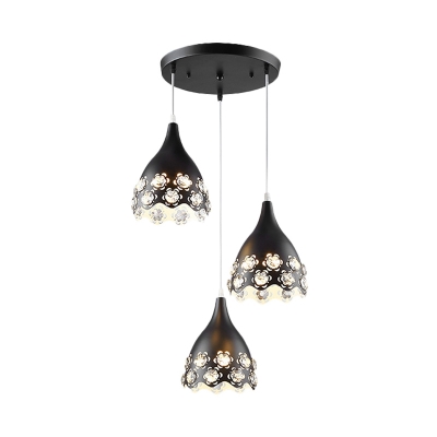 Black Domed Hanging Light Fixture Modern 3 Heads Metal Cluster Pendant Lamp with Flower Crystal
