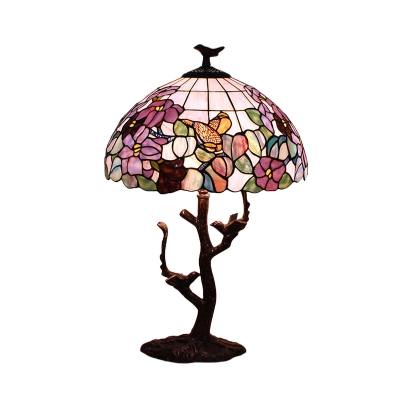 Bowl Night Lighting 1 Light Mediterranean Stained Art Glass Table Lamp in Coffee with Blossom Pattern