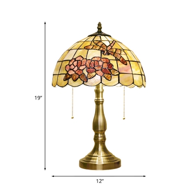 Bowl Shaped Table Light 2-Head Shell Tiffany Pull Chain Night Lamp in Brushed Brass with Rose and Dragonfly Pattern