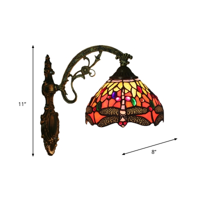 Bronze Dragonfly Conical Wall Lamp Kit Tiffany 1 Head Handcrafted Glass Sconce Light