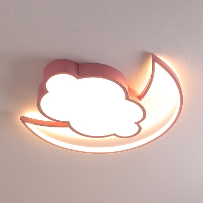 Cartoon LED Ceiling Light Fixture Pink/Blue Moon Hiding Behind Cloud Flush Mount with Acrylic Shade