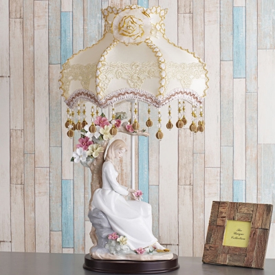 Ceramic White Night Lamp Maiden Sitting Against Tree 1 Head American Flower Table Light with Beige Lamp Shade