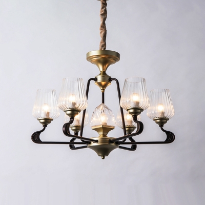 Classic Conical Chandelier Lamp 7-Head Clear Ribbed Glass Pendant Lighting Fixture with Black Twisted Arm