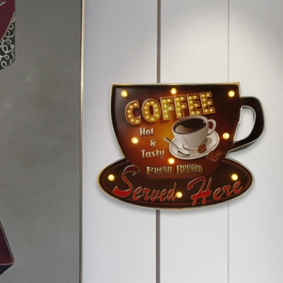 COFFEE Cup Signs Cafe Wall Lighting Ideas Iron Vintage Battery Powered LED Night Light in Coffee/Red