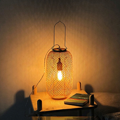 Crisscrossed Weaving Oval Table Lighting Asia Bamboo 1 Head Flaxen Night Lamp with Hand Grip
