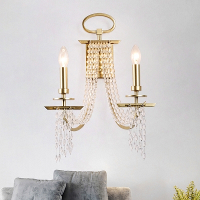 Crystal Beading Gold Wall Mount Light Candlestick 2 Lights Traditional Sconce Lighting Fixture