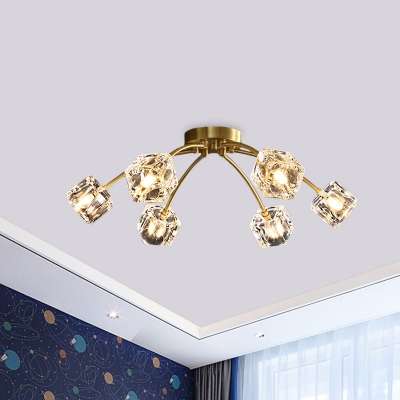 Crystal Brass Semi Mount Lighting Bursting Ice Cube 5-Light Postmodernist Flush Ceiling Light