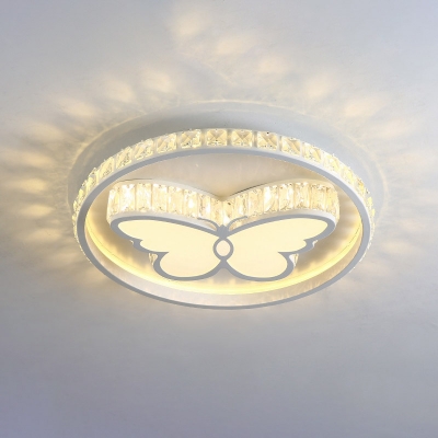 Crystal Butterfly and Circle Flush Light Contemporary Bedroom LED Ceiling Mount Fixture in White