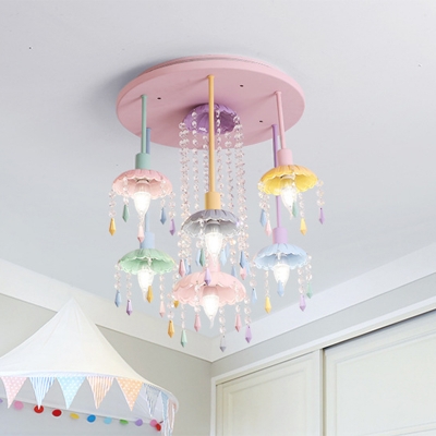 Crystal Cascade Ceiling Mount Chandelier 7 Bulbs Pink Semi Flush Light with Scalloped Saucer Shade