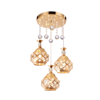 Crystal Gold Cluster Pendant Lamp Globe 3 Bulbs Modern Hanging Ceiling Light for Dining Room