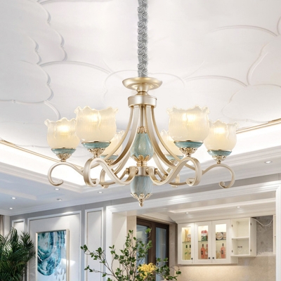 Curvy Dining Room Chandelier Rustic Clear Ribbed Glass 3/5/6 Lights Gold Drop Lamp with Petal Clear Ribbed Glass Shade