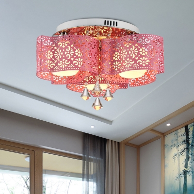 Cutout Metal Flush Mount Modern 3/5 Heads Bedroom Flush Light in Rose Red with Diamond Crystal
