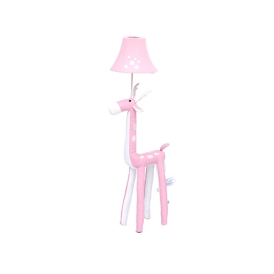 Deer Nursery Floor Lighting Fabric 1 Bulb Cartoon Floor Standing Light in Pink with Bell Shade