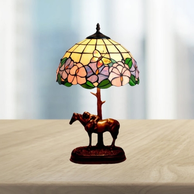 Dome Night Lamp 1-Head Cut Glass Mediterranean Petal Patterned Table Light in Coffee with Horse and Kid Deco