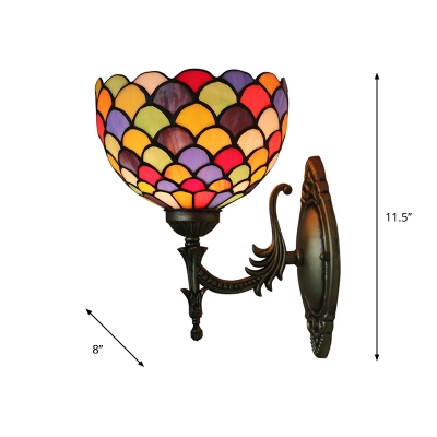 Dots/Fish-Scale Wall Mount Lighting 1 Bulb Multicolored Stained Glass Tiffany Sconce Light in Bronze