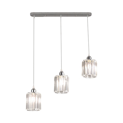 Drum Shade Cluster Pendant Light Minimalist Clear Crystal 3 Bulbs Dining Room Ceiling Lamp with Linear Canopy