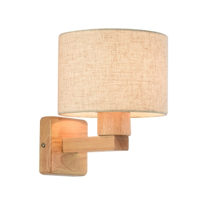 Drum Small Wall Lighting Fixture Nordic Fabric 1 Bulb Wood Sconce Lamp for Living Room