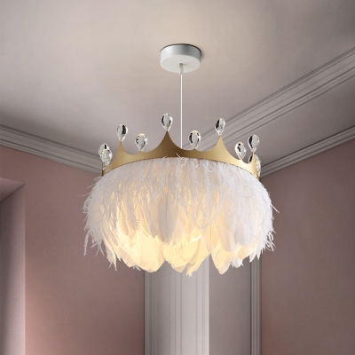Feather Fringe Down Lighting Pendant Countryside 1 Bulb Bedroom Hanging Lamp with Gold Crown Top and Crystal Accent