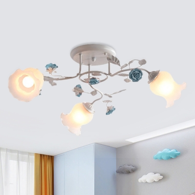 Floral Ivory Glass Ceiling Light Pastoral 3 Bulbs Kitchen Semi Flush Mount in Pink/Blue