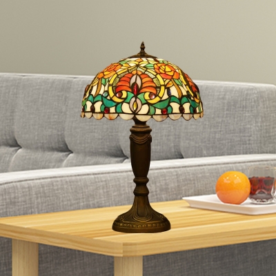 Floral Stained Art Glass Table Light Tiffany 1 Bulb Beige/Orange Night Stand Lamp with Pillar Pedestal