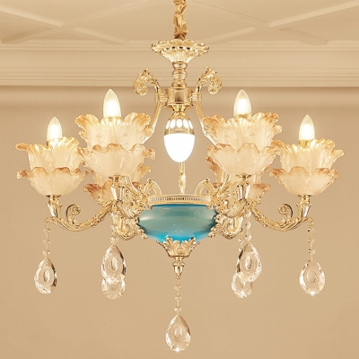 Frosted Glass Gold Pendant Lamp Layered Flower 6/8-Bulb Vintage Chandelier Light with Crystal Accent