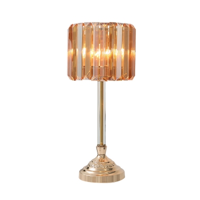 Gold Cylinder Night Lamp Traditional Crystal Block 1 Light Bedroom Nightstand Lighting