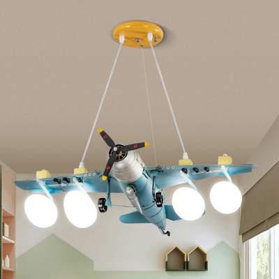 Handcrafted Biplane Hanging Lamp Kids Style Metal 4-Bulb Blue Chandelier Light Fixture