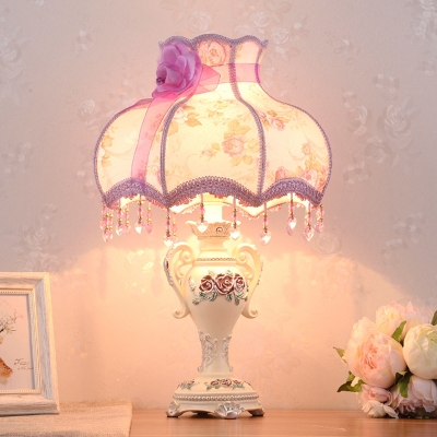 Head Table Lamp Patterned Fabric Pastoral Bedroom Night Light with Bowl Lampshade in Purple