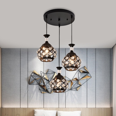 Inserted Crystal Sphere Cluster Pendant Light Modern Style 3-Head Hanging Lamp Kit in Black
