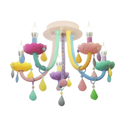 Iron Candelabra Flush Chandelier Macaron 5/6 Heads Multi-Color Semi Mount Lighting with Stained Glass Drop